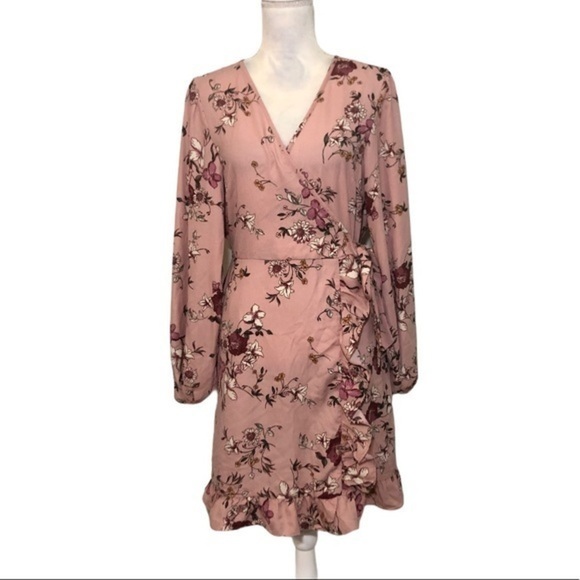 NWOT Pink Floral Faux Wrap Long Sleeve Dress New - Picture 9 of 16
